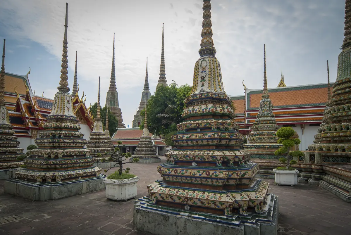 Decorated chedis at Wat Pho